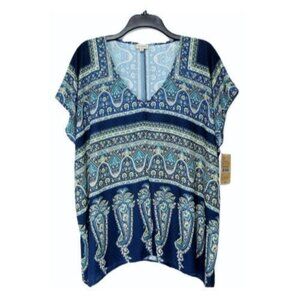 Cremieux Top Womens Small V-Neck Cap Sleeve Tunic Top Blue Print New